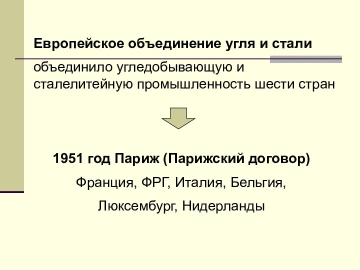 Европейское объединение угля и стали объединило угледобывающую и сталелитейную промышленность шести