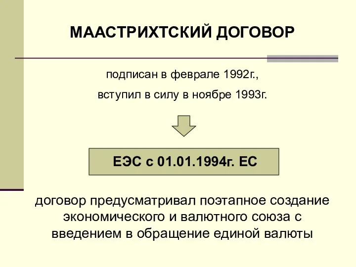 МААСТРИХТСКИЙ ДОГОВОР подписан в феврале 1992г., вступил в силу в ноябре