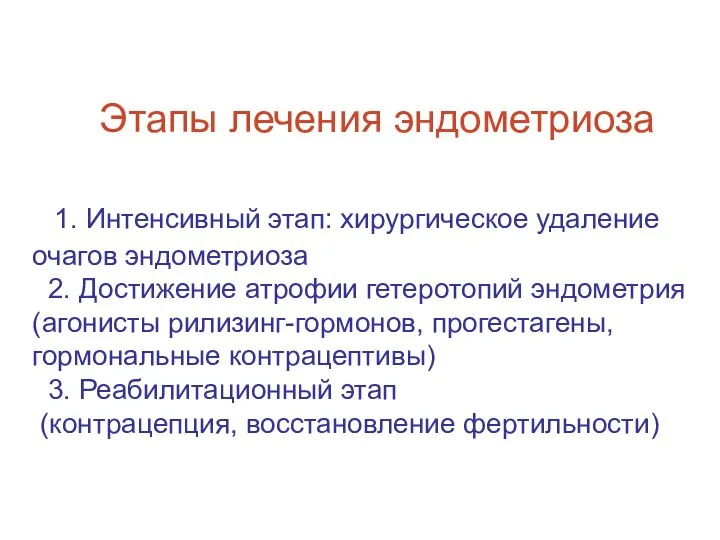 Этапы лечения эндометриоза 1. Интенсивный этап: хирургическое удаление очагов эндометриоза 2.