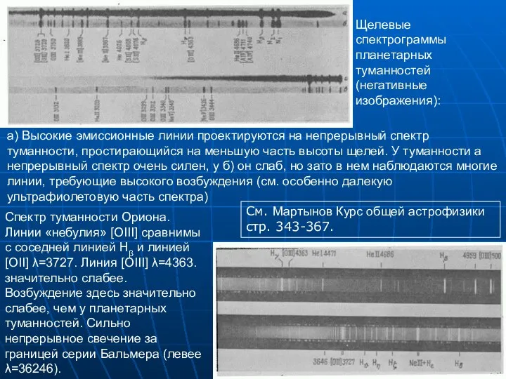 а) Высокие эмиссионные линии проектируются на непрерывный спектр туманности, простирающийся на