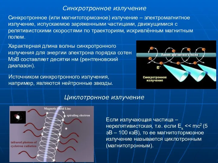 Синхротронное излучение Синхротронное (или магнитотормозное) излучение – электромагнитное излучение, испускаемое заряженными