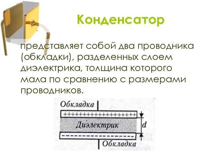 представляет собой два проводника (обкладки), разделенных слоем диэлектрика, толщина которого мала