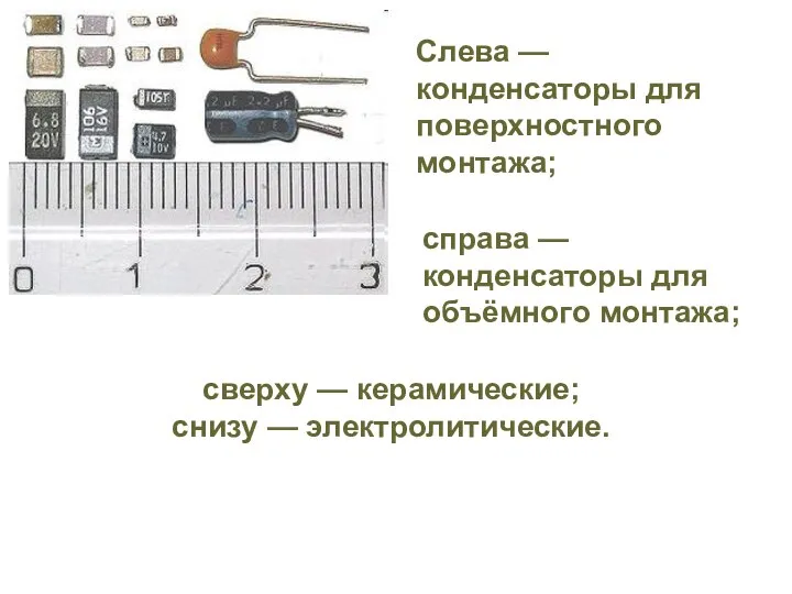 сверху — керамические; снизу — электролитические. Слева — конденсаторы для поверхностного