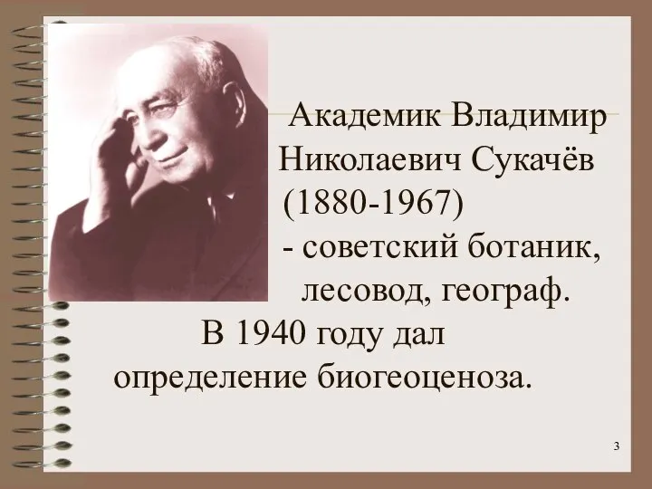 Академик Владимир Николаевич Сукачёв (1880-1967) - советский ботаник, лесовод, географ. В 1940 году дал определение биогеоценоза.