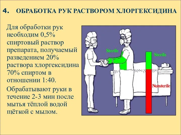 Для обработки рук необходим 0,5% спиртовый раствор препарата, получаемый разведением 20%