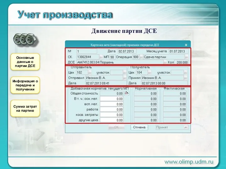 Учет производства Движение партии ДСЕ Основные данные о партии ДСЕ Информация