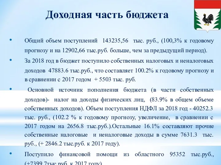 Доходная часть бюджета Общий объем поступлений 143235,56 тыс. руб., (100,3% к