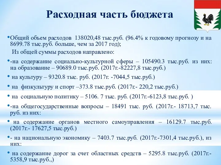 Расходная часть бюджета Общий объем расходов 138020,48 тыс.руб. (96.4% к годовому