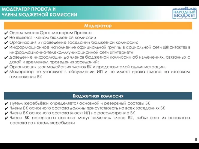 Модератор Определяется Организатором Проекта Не является членом бюджетной комиссии Организация и