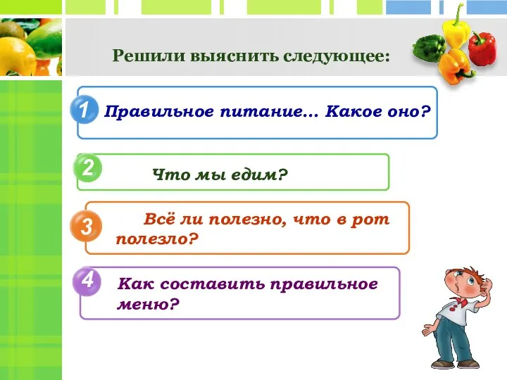 Решили выяснить следующее: 1 Правильное питание… Какое оно? 2 Что мы