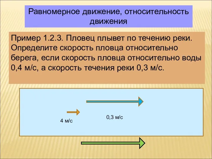 Равномерное движение, относительность движения Пример 1.2.3. Пловец плывет по течению реки.