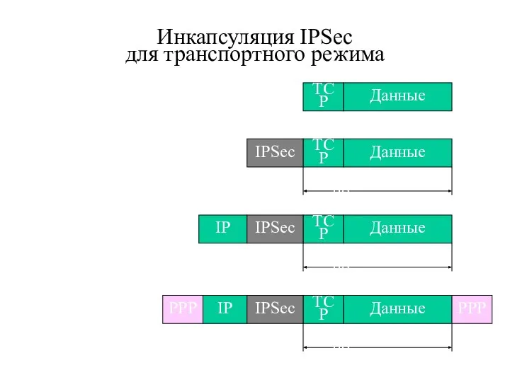 Инкапсуляция IPSec для транспортного режима Данные ТСР Данные ТСР IPSec Зашифровано