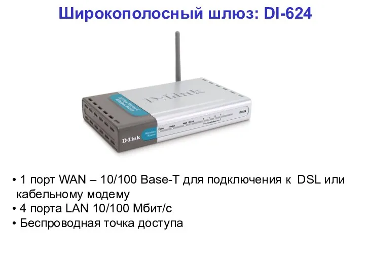 Широкополосный шлюз: DI-624 1 порт WAN – 10/100 Base-T для подключения