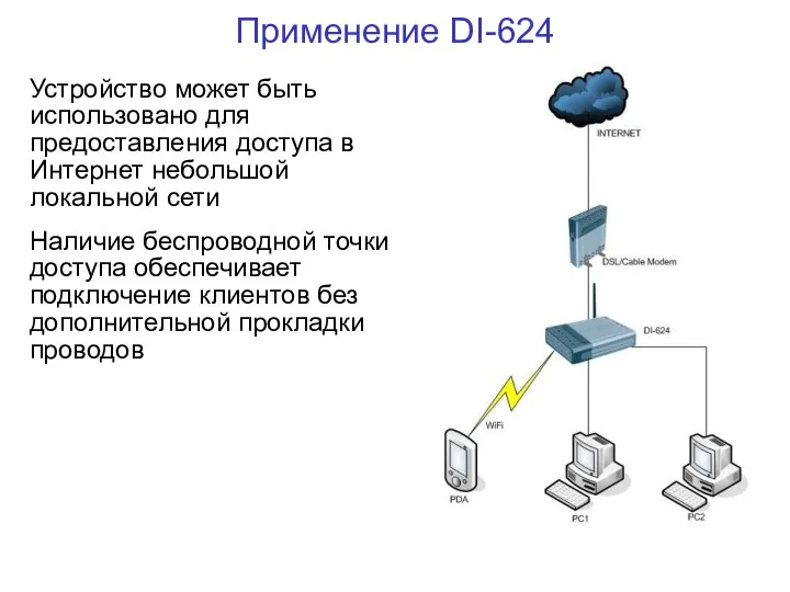 Применение DI-624 Устройство может быть использовано для предоставления доступа в Интернет
