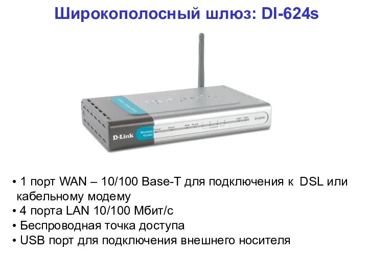 Широкополосный шлюз: DI-624s 1 порт WAN – 10/100 Base-T для подключения