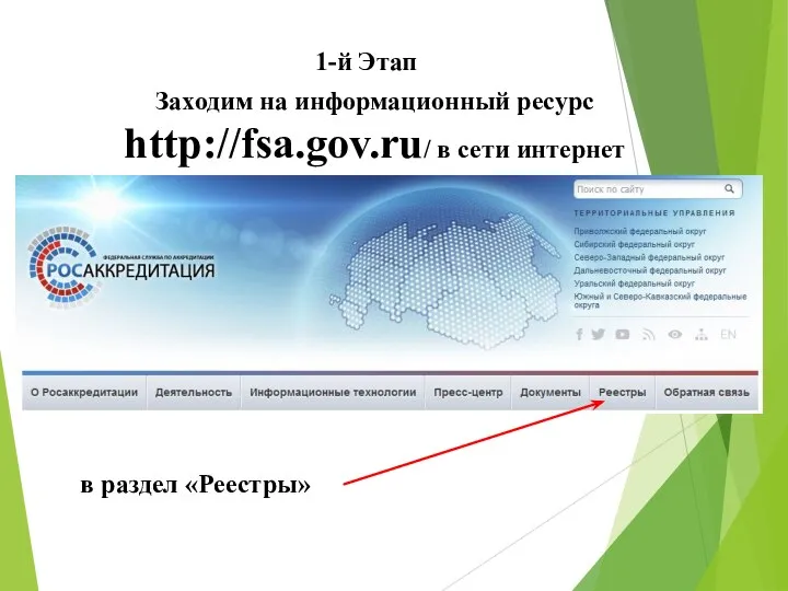 1-й Этап Заходим на информационный ресурс http://fsa.gov.ru/ в сети интернет в раздел «Реестры»