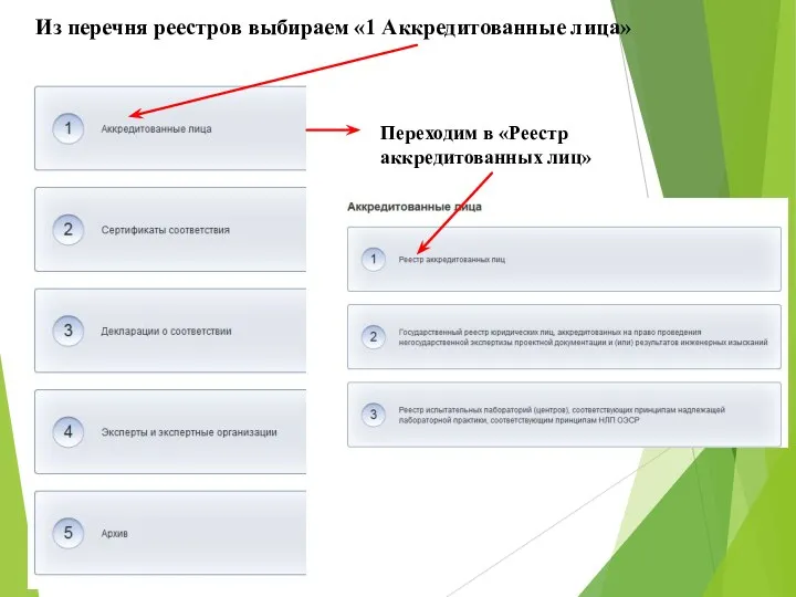Из перечня реестров выбираем «1 Аккредитованные лица» Переходим в «Реестр аккредитованных лиц»