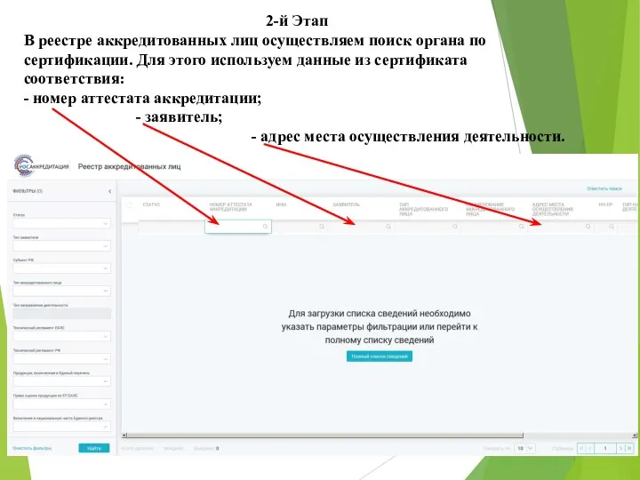 2-й Этап В реестре аккредитованных лиц осуществляем поиск органа по сертификации.