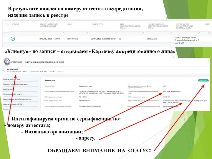 В результате поиска по номеру аттестата аккредитации, находим запись в реестре