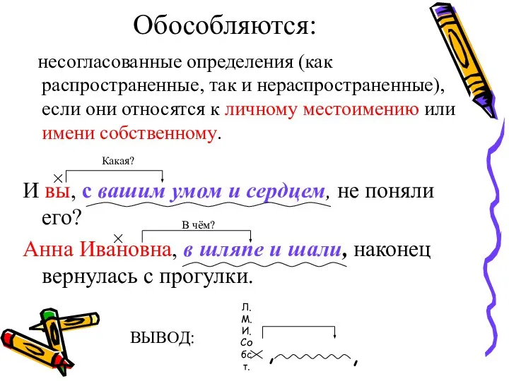 Обособляются: несогласованные определения (как распространенные, так и нераспространенные), если они относятся