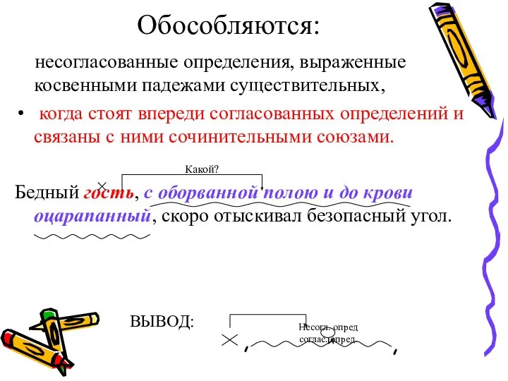 несогласованные определения, выраженные косвенными падежами существительных, когда стоят впереди согласованных определений