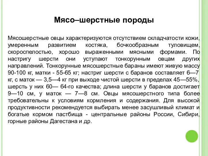 Мясо–шерстные породы Мясошерстные овцы характеризуются отсутствием складчатости кожи, умеренным развитием костяка,