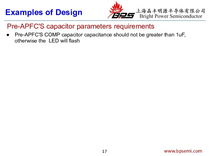 Examples of Design www.bpsemi.com Pre-APFC'S capacitor parameters requirements Pre-APFC'S COMP capacitor