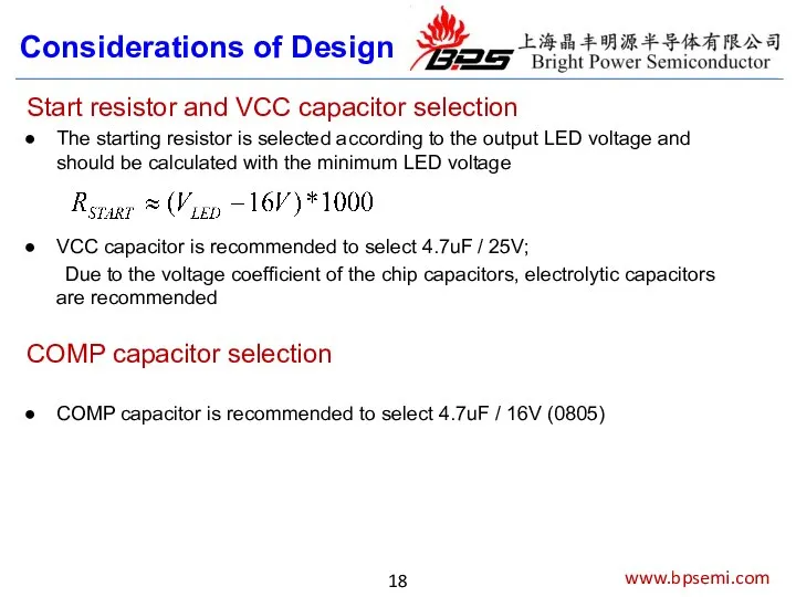 www.bpsemi.com Considerations of Design Start resistor and VCC capacitor selection The