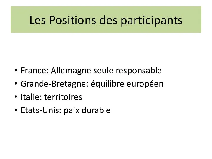 Les Positions des participants France: Allemagne seule responsable Grande-Bretagne: équilibre européen Italie: territoires Etats-Unis: paix durable