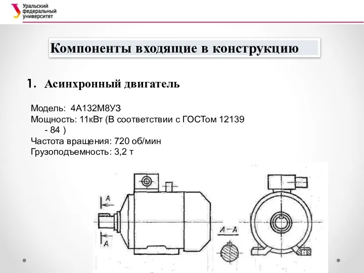 Компоненты входящие в конструкцию Асинхронный двигатель Модель: 4А132М8УЗ Мощность: 11кВт (В