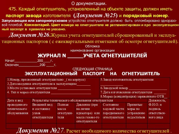 О документации. 475. Каждый огнетушитель, установленный на объекте защиты, должен иметь