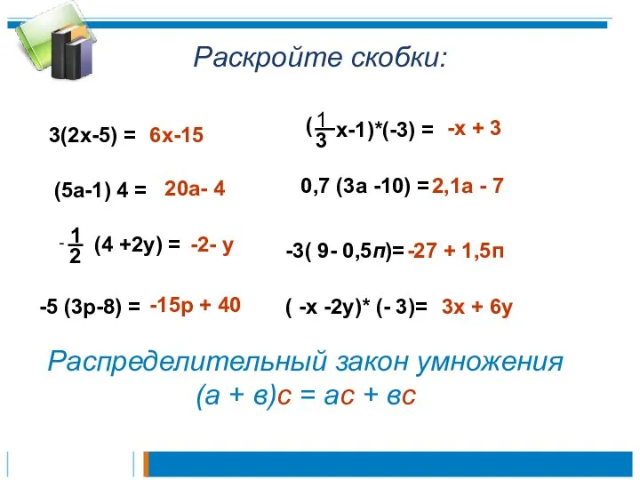 Раскройте скобки: 3(2х-5) = 6х-15 (5а-1) 4 = 20а- 4 -