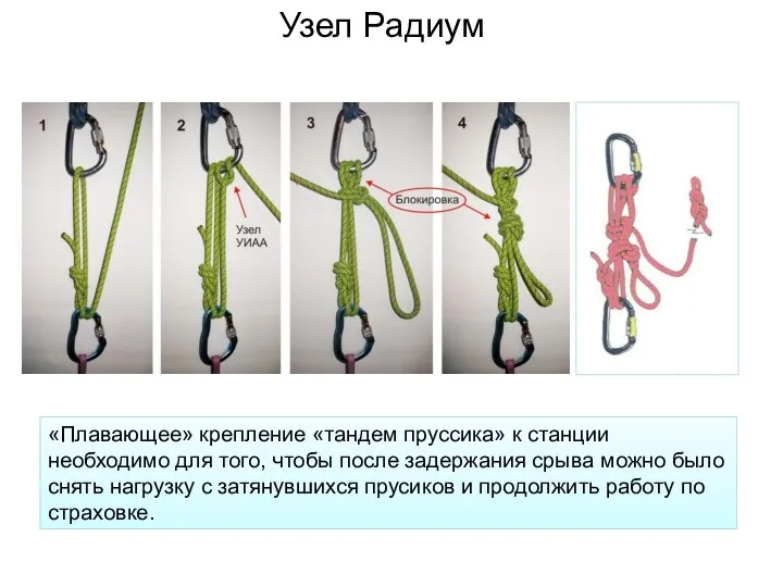 Узел Радиум «Плавающее» крепление «тандем пруссика» к станции необходимо для того,