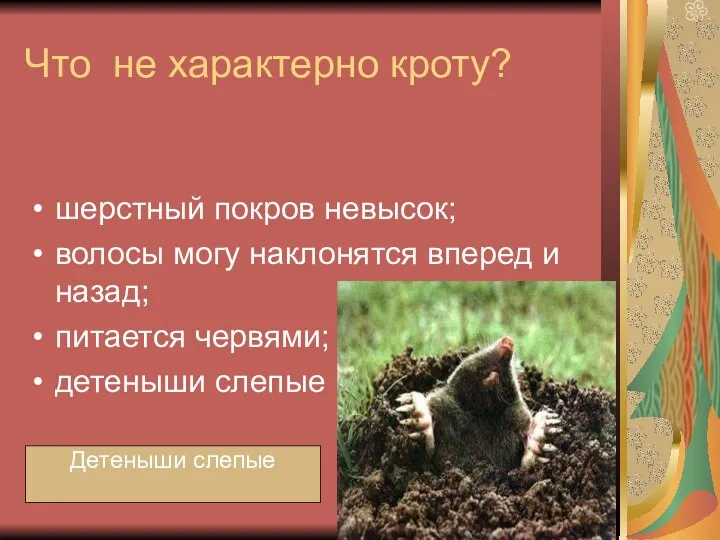 Что не характерно кроту? шерстный покров невысок; волосы могу наклонятся вперед