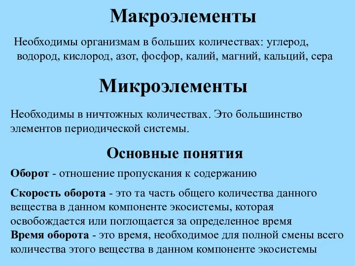 Макроэлементы Необходимы организмам в больших количествах: углерод, водород, кислород, азот, фосфор,