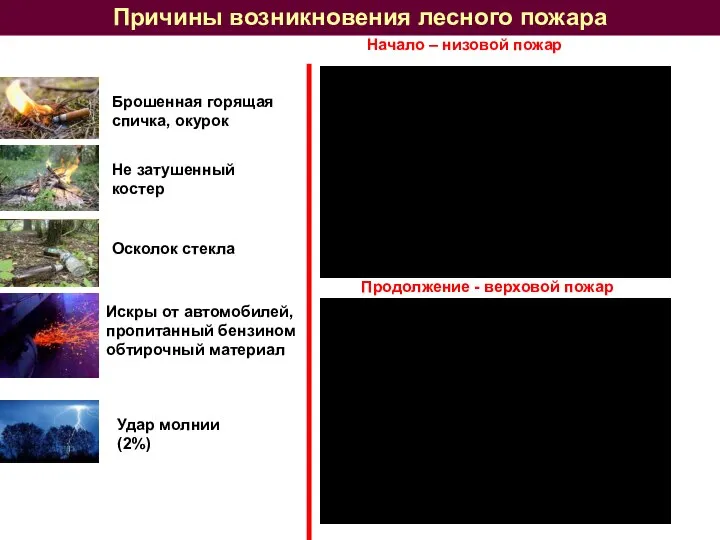 Причины возникновения лесного пожара Брошенная горящая спичка, окурок Осколок стекла Не