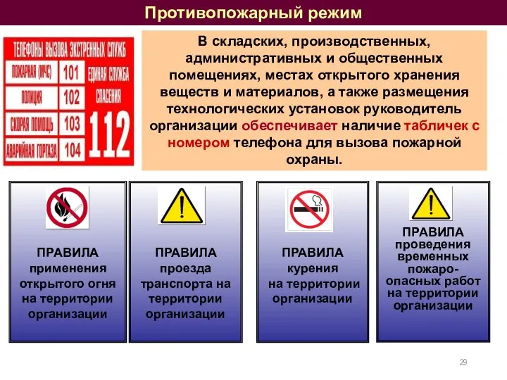 Противопожарный режим В складских, производственных, административных и общественных помещениях, местах открытого