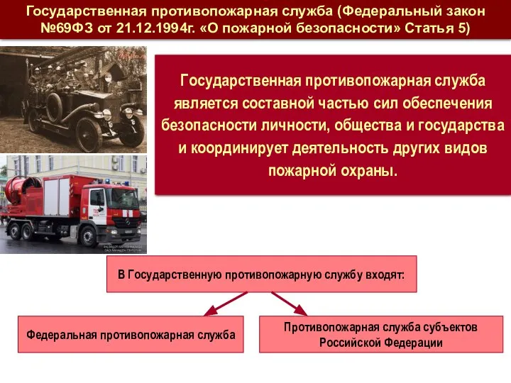 Государственная противопожарная служба (Федеральный закон №69ФЗ от 21.12.1994г. «О пожарной безопасности»