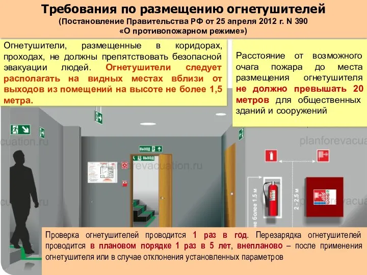 Требования по размещению огнетушителей (Постановление Правительства РФ от 25 апреля 2012