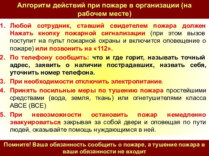 Алгоритм действий при пожаре в организации (на рабочем месте) Любой сотрудник,