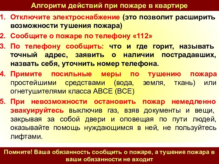 Алгоритм действий при пожаре в квартире Отключите электроснабжение (это позволит расширить