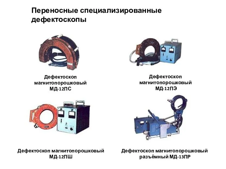 Переносные специализированные дефектоскопы Дефектоскоп магнитопорошковый разъёмный МД-13ПР Дефектоскоп магнитопорошковый МД-12ПЭ Дефектоскоп магнитопорошковый МД-12ПШ Дефектоскоп магнитопорошковый МД-12ПС