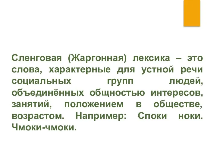 Сленговая (Жаргонная) лексика – это слова, характерные для устной речи социальных