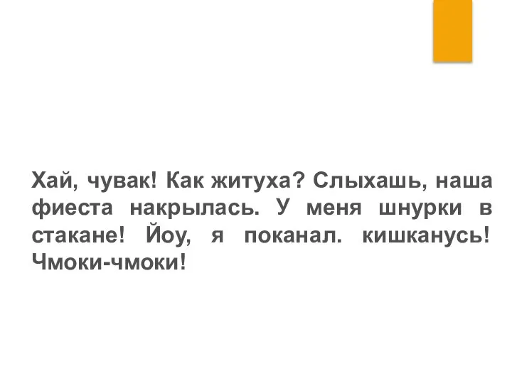 Переведи текст Хай, чувак! Как житуха? Слыхашь, наша фиеста накрылась. У