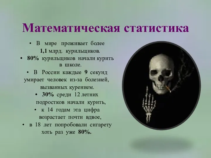 Математическая статистика В мире проживает более 1,1 млрд. курильщиков. 80% курильщиков