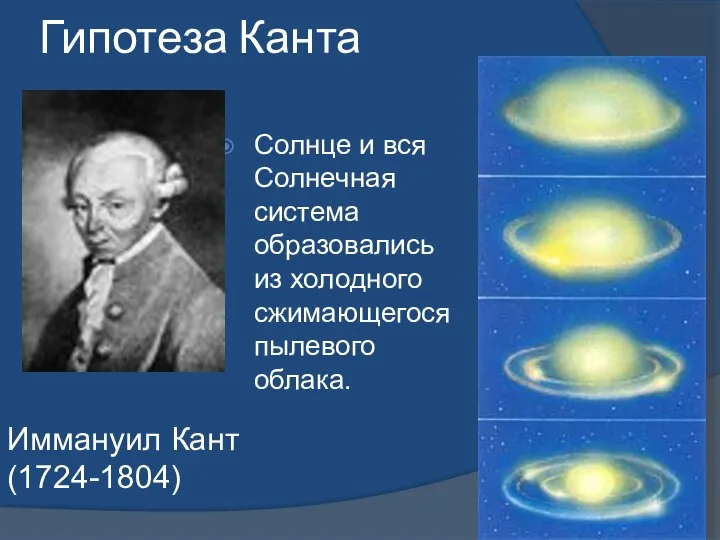 Гипотеза Канта Солнце и вся Солнечная система образовались из холодного сжимающегося пылевого облака. Иммануил Кант (1724-1804)