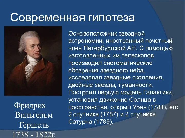 Современная гипотеза Фридрих Вильгельм Гершель 1738 - 1822г. Основоположник звездной астрономии,