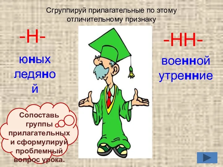 -Н- -НН- юных ледяной военной утренние Сопоставь группы прилагательных и сформулируй