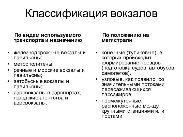 Классификация вокзалов По видам используемого транспорта и назначению железнодорожные вокзалы и