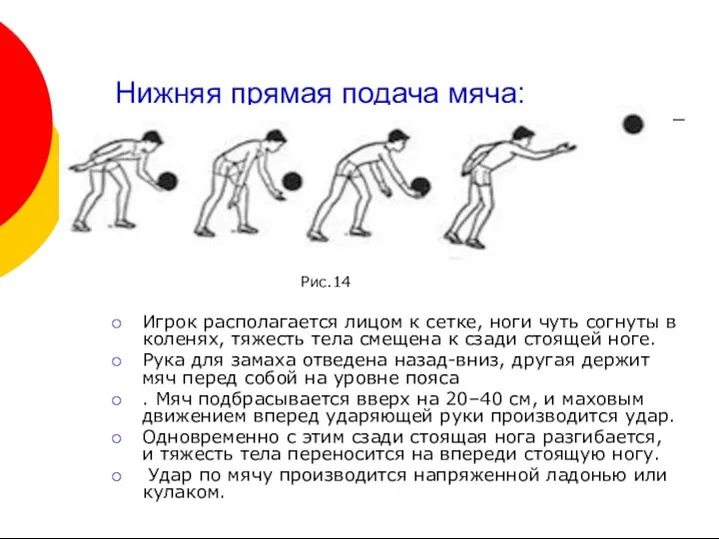 Нижняя прямая подача мяча: Игрок располагается лицом к сетке, ноги чуть